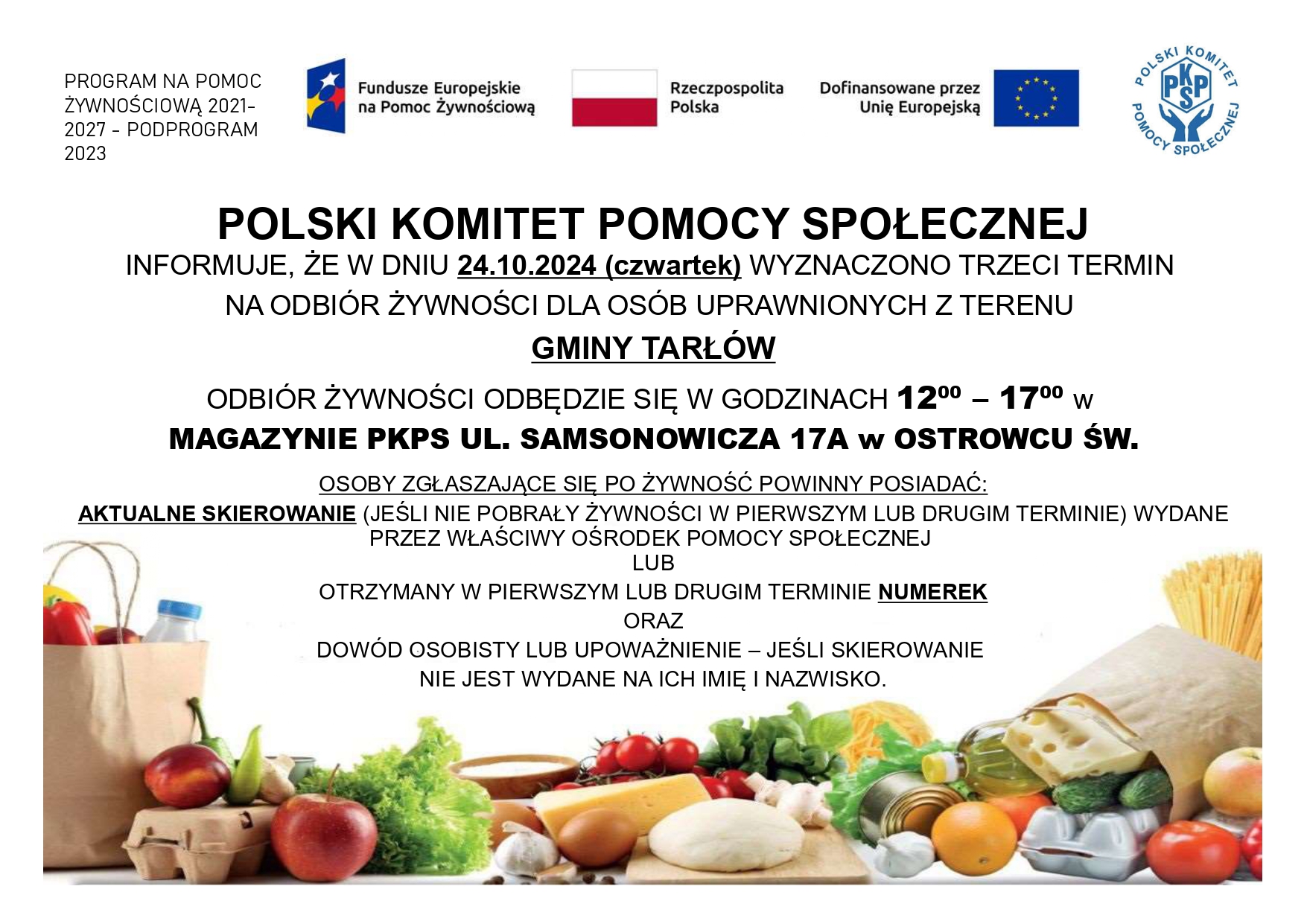 Plakat informacyjny o odbiorze żywności dla osób uprawnionych z gminy Tarłów