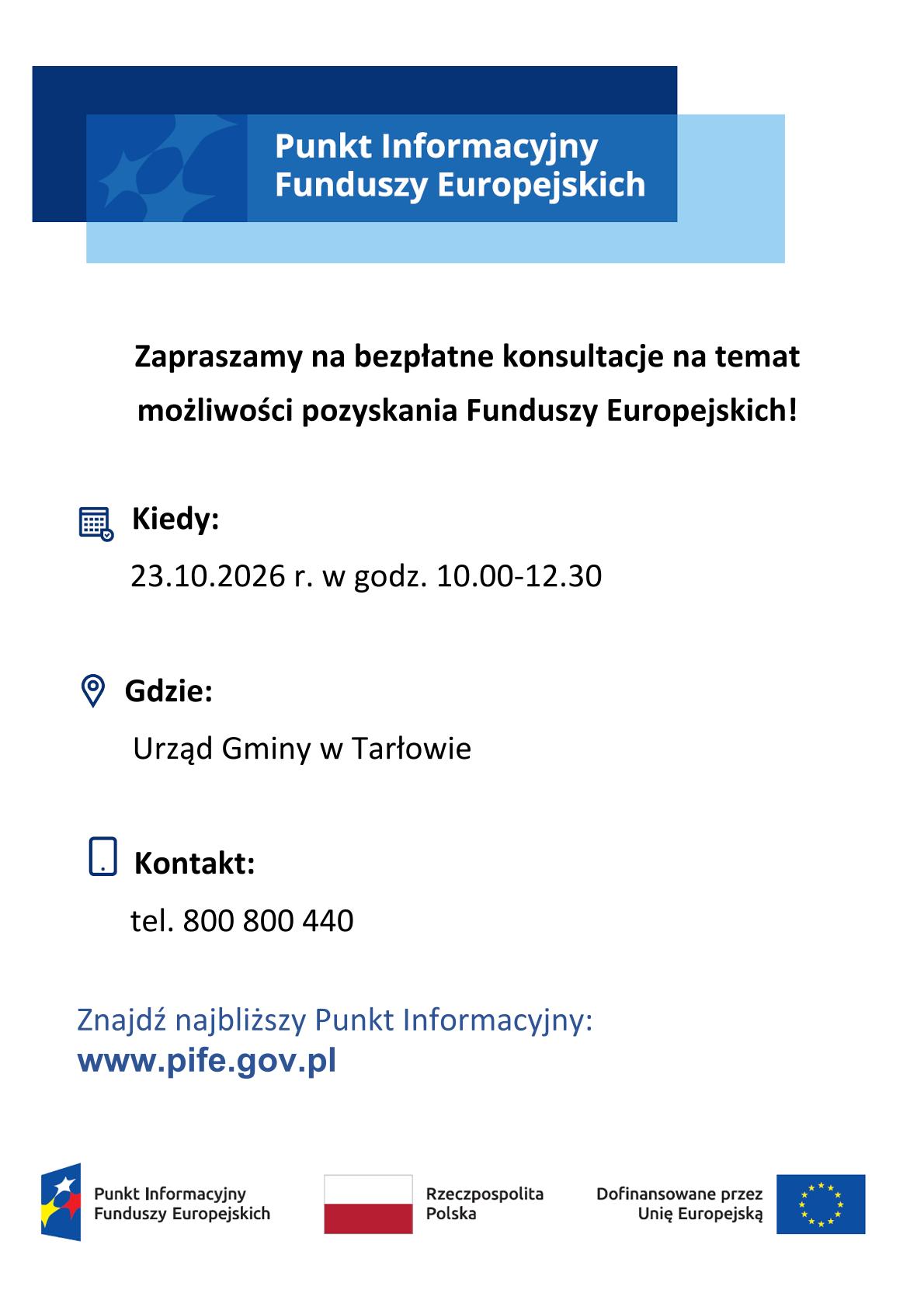 Plakat - bezpłatne konsultacje na&nbsp;temat możliwości pozyskania Funduszy Europejskich