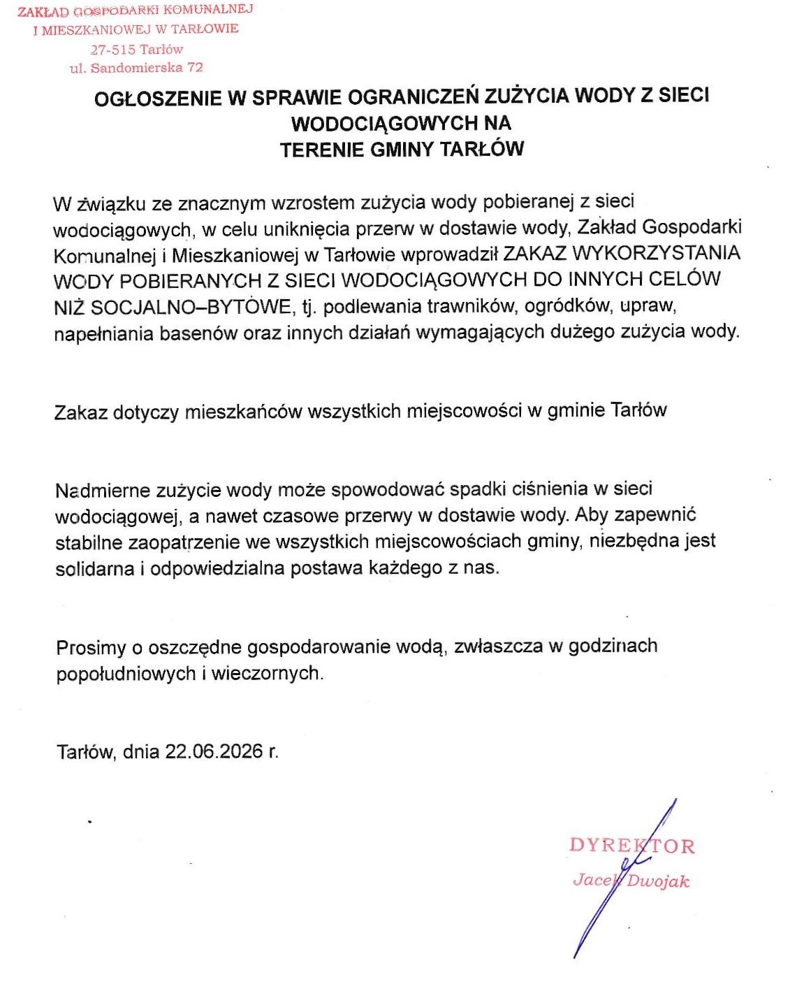 Ogłoszenie o&nbsp;ograniczeniu zużycia wody