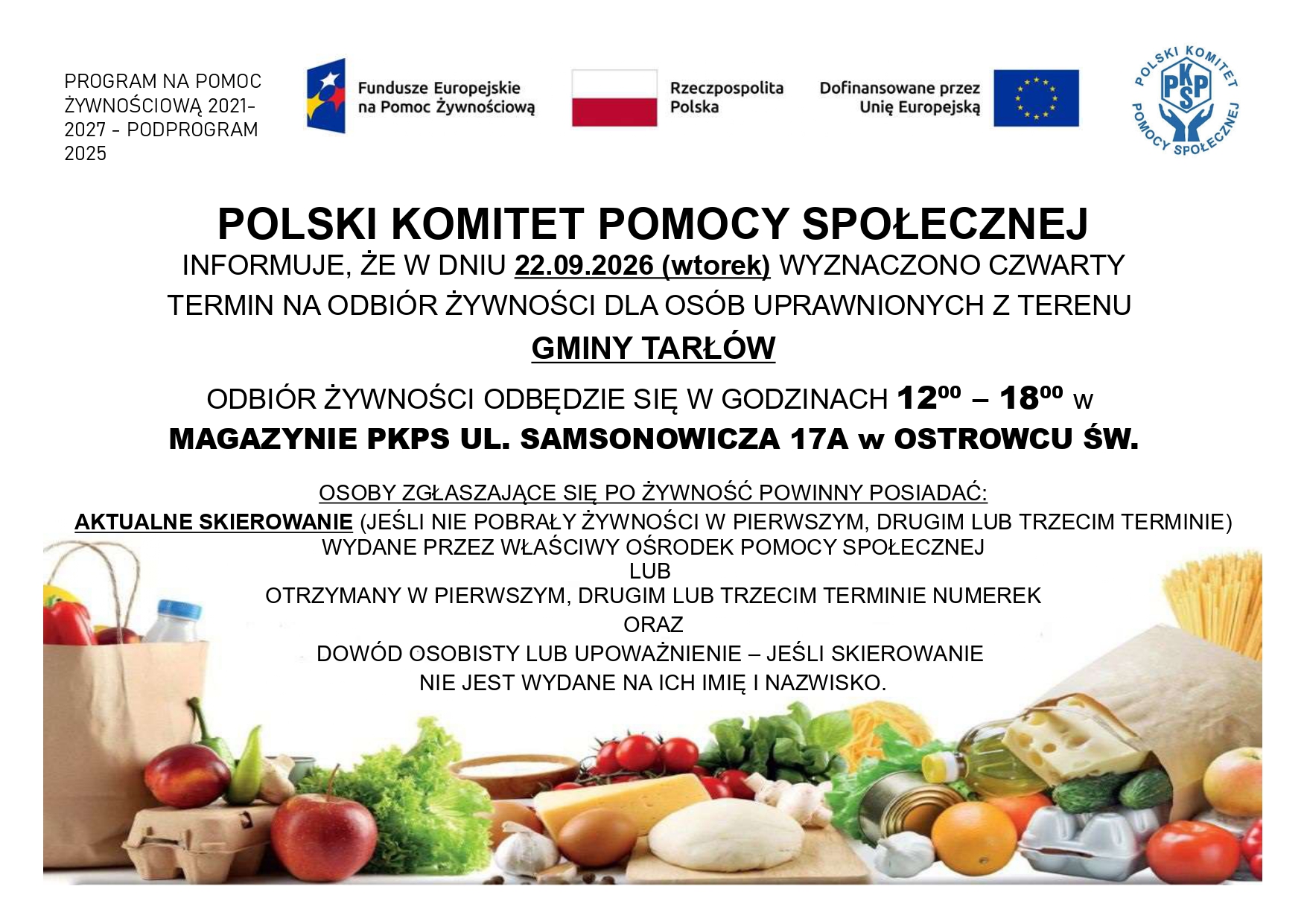 Plakat - wydawanie dar&oacute;w żywnościowych