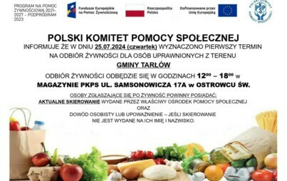 Zdjęcie do Odbi&oacute;r żywności dla os&oacute;b uprawnionych z gminy Tarł&oacute;w