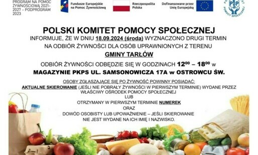 Zdjęcie do Odbi&oacute;r żywności dla os&oacute;b uprawnionych z gminy Tarł&oacute;w