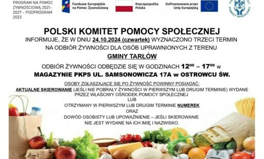 Zdjęcie do Odbi&oacute;r żywności dla os&oacute;b uprawnionych z gminy Tarł&oacute;w