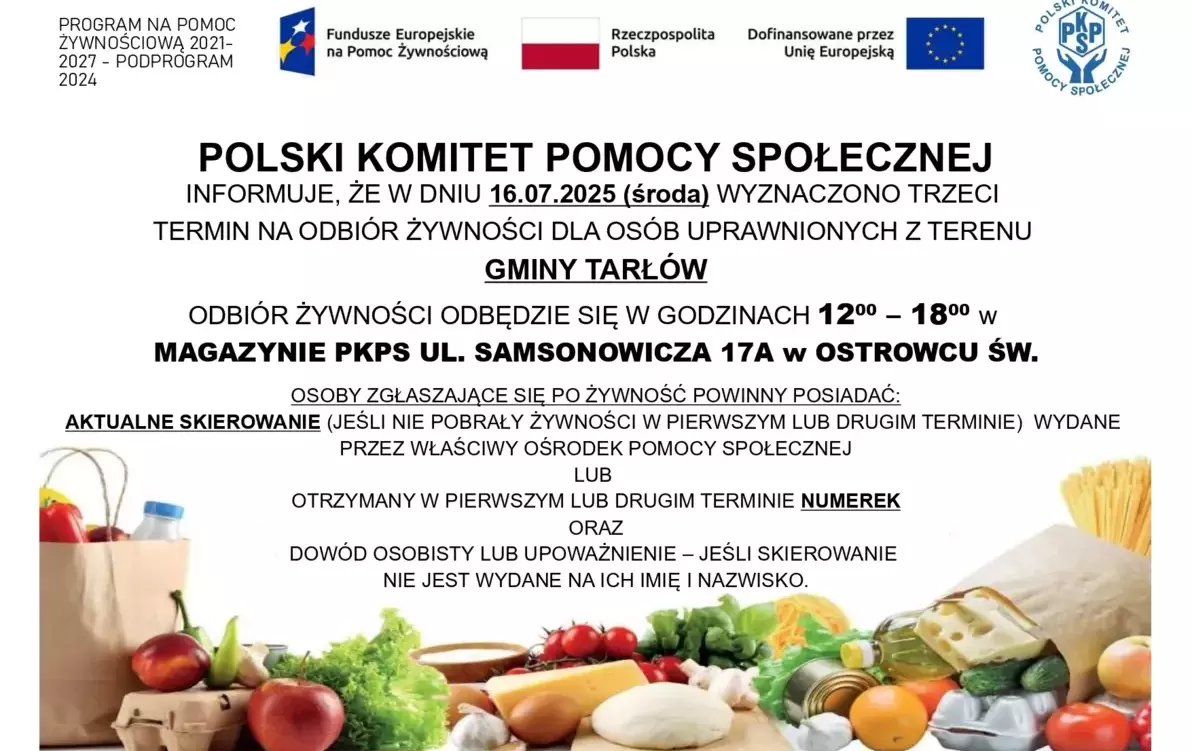 Zdjęcie do Odbi&oacute;r żywności dla os&oacute;b uprawnionych z gminy Tarł&oacute;w...