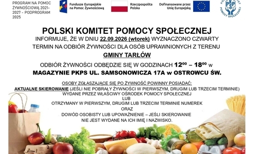 Zdjęcie do Odbi&oacute;r żywności dla os&oacute;b uprawnionych z gminy Tarł&oacute;w - 22.09.2026 r.
